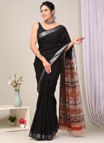 Pure Linen Cotton Black Casual Wear Pure Hand Work Saree